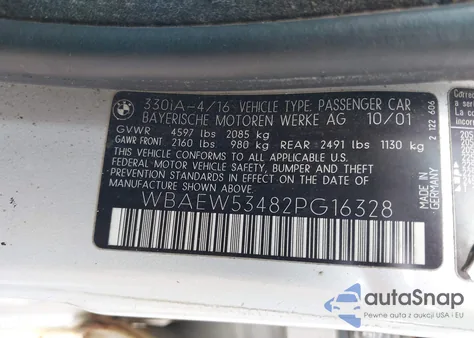 2002 BMW 330Xi z USA, uszkodzony, nr VIN WBAEW53482PG16328